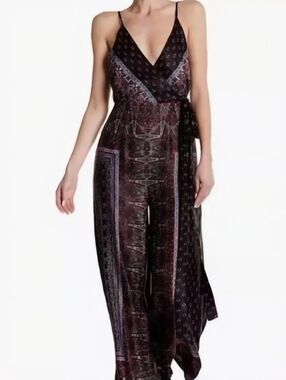 Free People Cabbage Rose Satin  Paisley Surplice Backless Wide Leg Jumpsuit sz 2